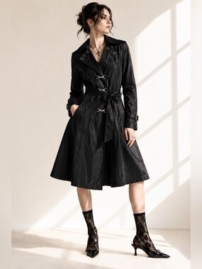 Y2K Goth Trench Coat Double Breasted Belted Midi Samuel Dong Sz M